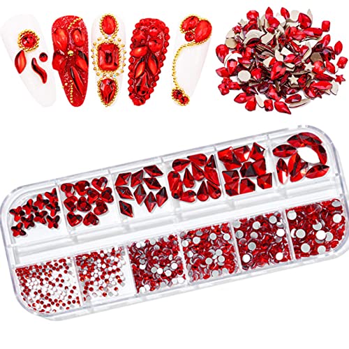 BELICEY Red Nail Rhinestones Kit 810PCS Multi-Shape Rhinestones for Nail Hearts Butterfly Charm Nail Dimond Gems Stone for Nail Art Jewels DIY Crafts Clothing