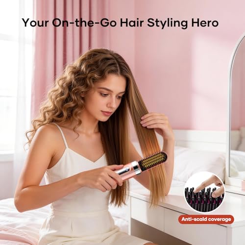 AVVKED Cordless Hair Straightener Brush for Women - Travel Mini Ionic Anti-Frizz Styling Tool with 3 Temp Settings