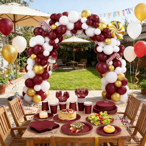 CENLBJ Burgundy Party Supplies Set for 25 Guests - Includes Disposable Plates, Cups, Napkins & Forks, 25-Count