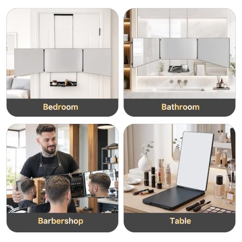 3-Way Folding Mirror with Shelf for Haircuts & Makeup