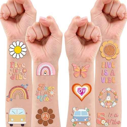 96 PCS Five Is A Vibe Pre-Cut Temporary Tattoos Themed 5th Birthday Party Decorations Favors Supplies D?cor Groovy Retro Boho Rainbow Hippie Die Cut Tattoo Stickers Gifts For Game Boys Girls School