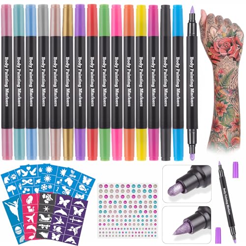 Lictin Temporary Tattoo Markers, 16 Colors with 80 Stencils
