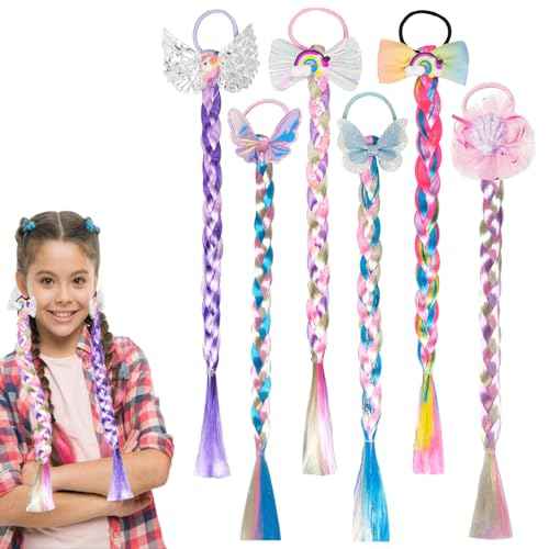 6 Pcs Rainbow Color Braids Hair Extensions - Ponytails & Bows with Rubber Bands - Glitter Braided Wig - Cosplay Hair Accessories for Girls & Women