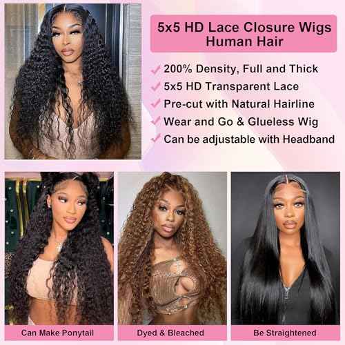 26 Inch Wear and Go Glueless Wigs Human Hair Pre Cut 200% Density Water Wave 5x5 HD Lace Closure Wigs Human Hair with Baby Hair Pre Plucked Natural Hairline Wet and Wavy Wig for Women