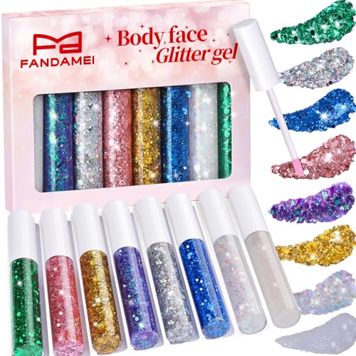 Body Glitter Kit - 8 Colors 8ml Tubes with Brush for Face Hair