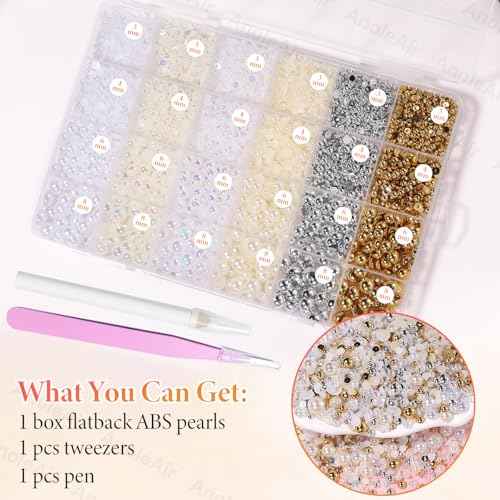 9000Pcs Half Pearls for Crafting, Gold Silver White Flatback Pearls for Bedazzling, Flatback Gold Pearl for Nails, ABS Pearl Nail Beads Gems for Nails DIY Crafts Shoes Clothes Bags DIY Making