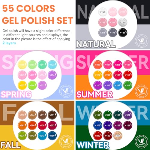 VANREESA 60 Pcs Gel Nail Polish Set - 55 Colors, Base & 4 Top Coats