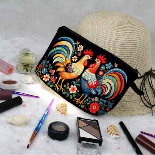 Floral Roosters Makeup Bag Colorful Chicken Small Organizer Bag Zipper Pouch Ethnic Style Roosters Print Cosmetic Bag Present for Women Friends
