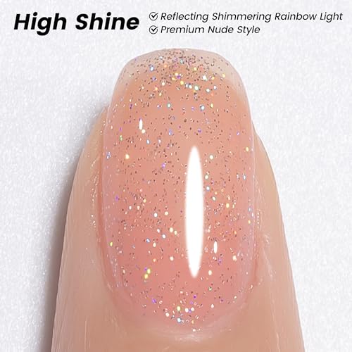 YTD Likomey Nude Glitter Gel Nail Polish,15ml Soft Pink Rainbow Jelly Sheer Translucent Neutral Holographic Shimmer Iridescent Sparkly Salon Home DIY UV Manicure Nail Gel, SF328