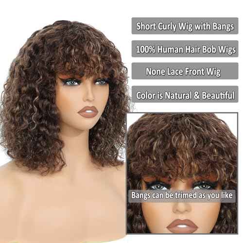 12" Highlights Curly Human Hair Wig with Bangs Short Curly Bob Wigs for Black Women Water Wave Human Hair Wig with Bangs Blonde Highlight Curly Wigs Wear and Go None Lace Front Glueless Wig F4/27