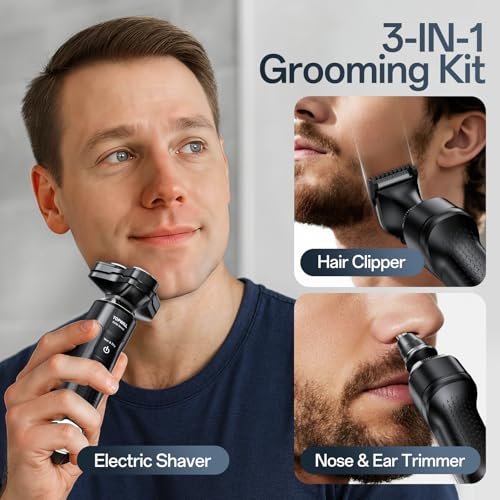 Electric Shaver for Men, Rechargeable Electric Razor with Floating Heads for Face Beard, 3-in-1 Trimmer, Close, Clean Shave, IPX7 Waterproof Wet/Dry, USB-C Charging, New Men¡¯s Gift