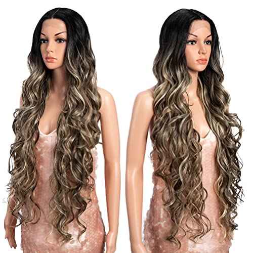 Style Icon 36" Lace Front Wigs Super Long Big Curl Wigs With Baby Hair 130% Density Heat Resistant Fiber Synthetic Wig (36 Inch, TTSA4/10/23B/613C)