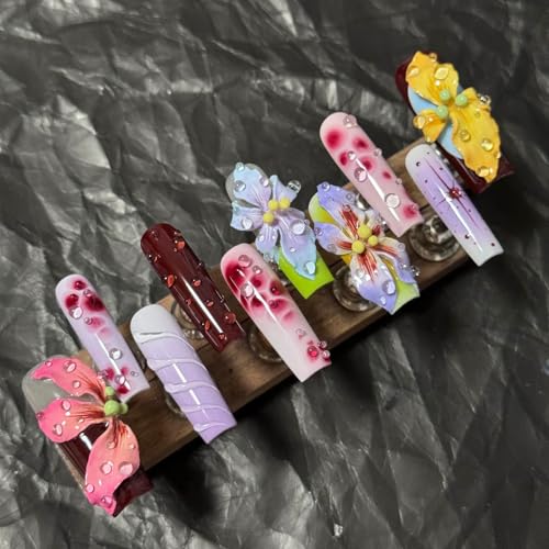 Handmade Press On Nails Long Multicolor 3D Carving Flowers Design 10pcs Hand painted Smudging Glue On Acrylic Fake Nails