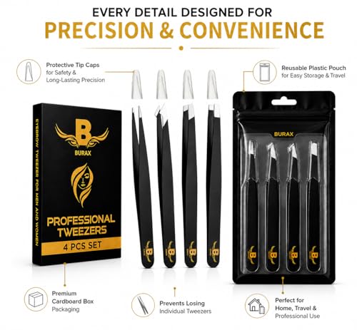 Black 4-Piece Stainless Steel Tweezers Set for Eyebrows & Facial Hair Removal