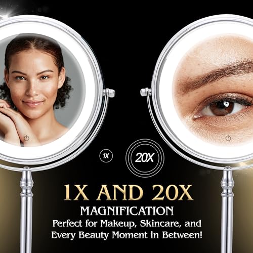 Ultra Zoom 20X Magnifying Lighted Table Mirror for Makeup - 20X & 1X Dual Sided LED Make-up Mirror with 3 Light Modes, Rechargeable Battery with USB Cable - 8" Wide & 15" Tall (Chrome)
