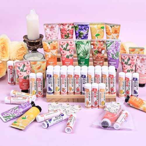VISCOO 40 Sets Hand Cream Bulk and Lip Balm Bulk Gifts, Stocking Stuffers for Women Teengirls, Christmas Gifts,Bridesmaid Gifts for Guests with Thank You Card Organza Bags,Thank You Gifts, Small Gifts