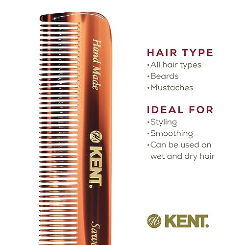 Kent FOT Handmade Fine Tooth Saw Cut Beard and Hair Comb - Pocket Travel Styling Comb for Fine or Thinning Hair, Beard Care Essential Kit