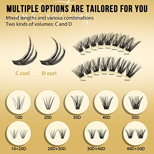 QUEWEL Lash Clusters 320Pcs Cluster Lashes 40D+50D C Curl Lash Cluster Eyelash Extensions Mix12-18mm Individual Eyelashes Clusters Wispy Lash Clusters Thin Band Soft to Use at Home(40D+50D C Mix12-18)