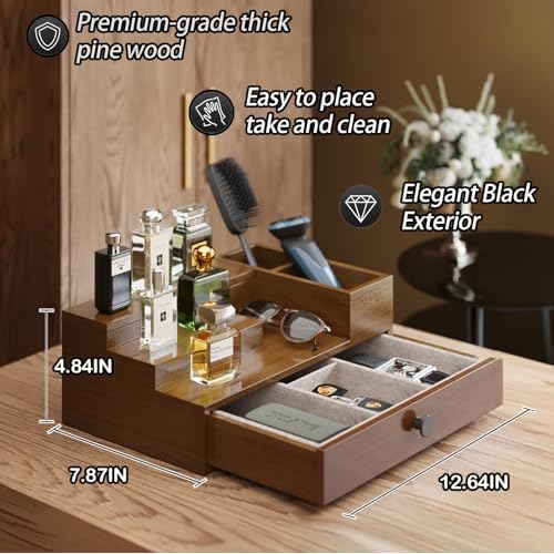 Pine Wood Cologne Stand Organizer for Men, 3 Tier Cologne Display Shelf Organizer with Hidden Compartment and Velvet Lining Drawer, Perfume Display Holder (Brown, 01)