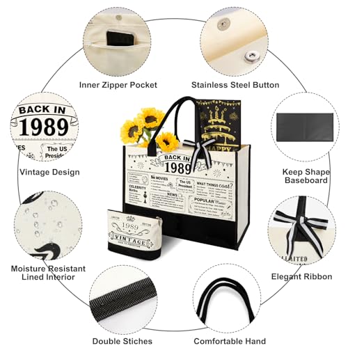YeohJoy 37th Birthday Gifts for Her Canvas Tote Bag Travel Gear, Unique 37 Years Old Birthday Gifts for Wife Women Sister Friends Her, Vintage 1989 Handbag & Makeup Bag & 37th Greeting Card