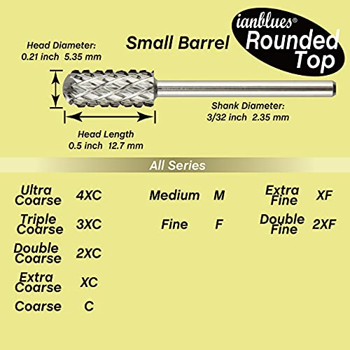 ianblues Rounded Top Nail Drill Bit, Small Barrel, Top with Teeth, E File for Manicure Drill Machine, Remove of Gel Nails, Acrylic Nails, 3/32” (Double Coarse -2XC)