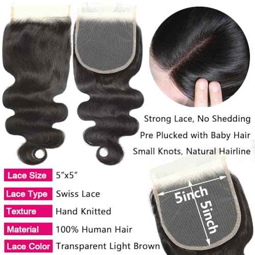 Body Wave Bundles with Closure Human Hair (14 16 18+12) 5x5 HD Closure Brazilian Human Hair 3 Bundles with Closure Unprocessed Virgin Hair Body Wave Bundles with 5x5 Lace Closure Free Part