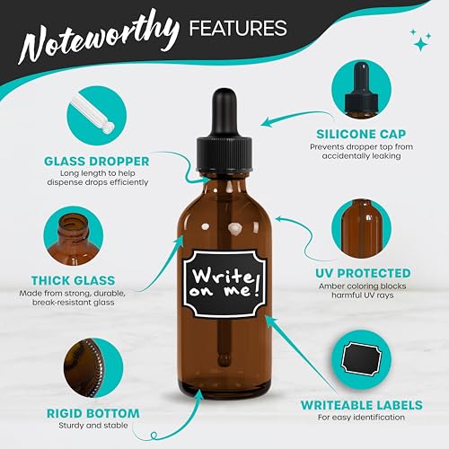 Nevlers Amber Glass Dropper Bottles 2 oz - Leakproof Reusable Set (48 Pack)