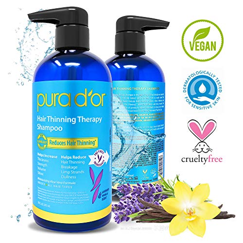 PURA D'OR Hair Thinning Therapy Biotin Shampoo VANILLA LAVENDER Scent (16 oz) w/Argan Oil, Herbal DHT Blockers, Zero Sulfates, Natural Ingredients For Men & Women, All Hair Types (Packaging may vary)