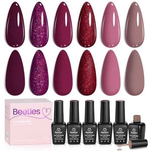 beetles Burgundy Gel Polish Set - Berry Merlot 6 Colors Plum Gel Polish, Cherry Mocha Red Glitter Fall Winter Dark Purple Wine Nails Color, U V LED Soak Off Home DIY Manicure Nail Salon