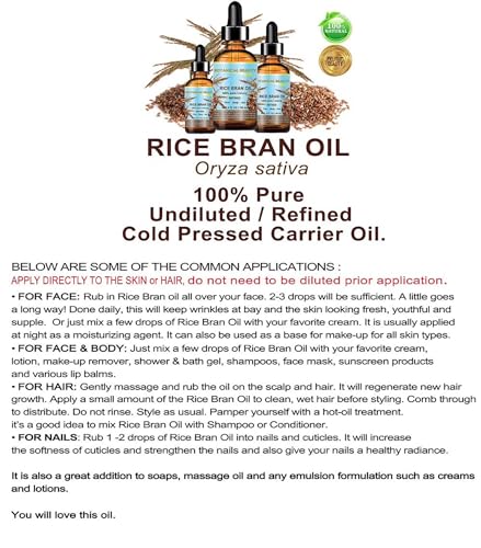 Botanical Beauty RICE BRAN OIL 100% Pure Natural Refined Undiluted Cold Pressed Carrier Oil for Face, Skin, Body, Hair, Massage, Nails. 1 Fl. oz - 30 ml