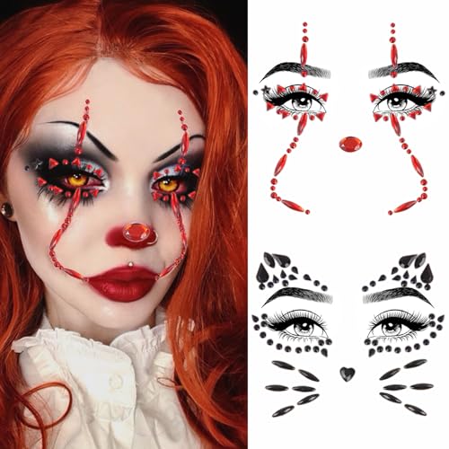 2 Pcs Clown & Cat Face Gem Stickers Rhinestone Makeup