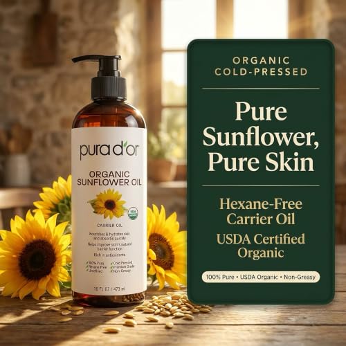 PURA D'OR Organic Sunflower Seed Oil 16 oz - Cold Pressed