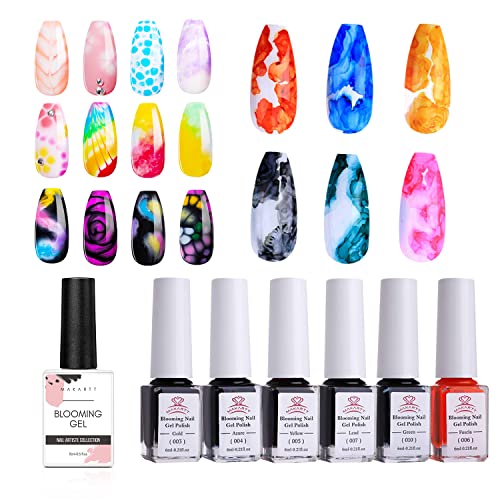 Makartt Marble Nail Polish,Blooming Gel Nail Polish Color Changing 6ml 6 Colors Nail Polish Bundle Clear Blooming Gel?15ml UV LED Soak Off Nail Art Polish for Spreading Effect