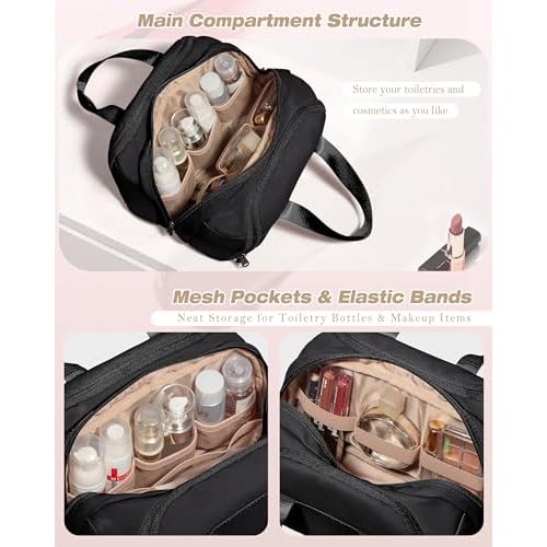Travel Makeup Bag, Small Size Waterproof Toiletry & Cosmetic Organizer with Leakproof Pockets for Bathroom or Vanity Use for Women, Black