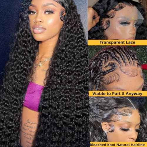 13x6 Deep Wave Lace Front Wigs Human Hair 220 Density HD Transparent Pre Plucked Deep Curly Frontal Wigs Human Hair for Women Natural Black 24 Inch