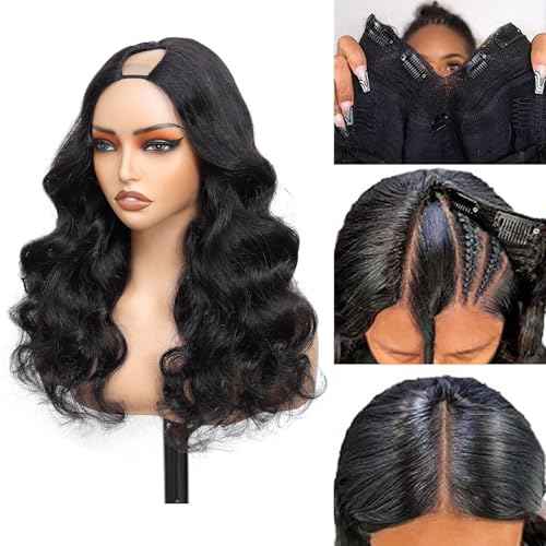 V Part Wig Human Hair Body Wave Upgrade U Part Human Hair Wig With Adjustable Drawstring 200% Density V Shape Clip In Half Wig For Women Natural Color 22 Inch