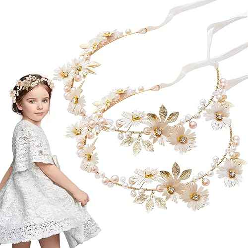 2 PCS Daisy Pearl Flower Vine Rhinestones Headband, Flower Headband Floral Hair Wreath Headpiece for Bridal Women Girls Hippie Wedding Party