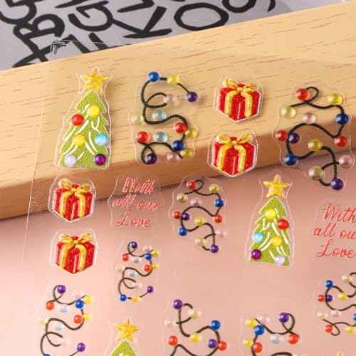 2 Sheets Embossed Christmas Nail Stickers, 5D Colorful Light String Self-Adhesive Nail Art Decals for Women Girls DIY Winter Xmas Tree Manicure