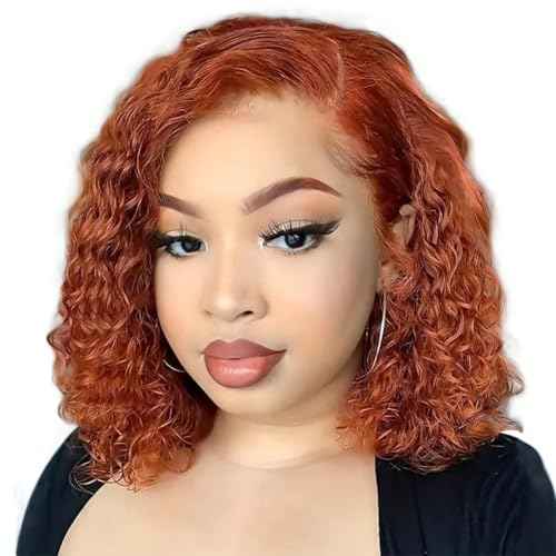 Ginger Curly Wig Human Hair Side Part Bob Wig Short Curly Ginger Glueless Wigs Human Hair Pre Plucked Pre Cut 4x4 HD Lace Closure Deep Wave Lace Front Wigs for Black Women 10 Inch