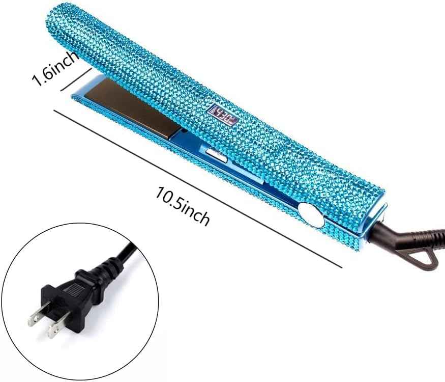 Hair Straightener Titanium Flat Iron with Gorgeous Rhinestone Bling Crystal Diamond, 2 in 1 Hair Straightener and Curler, 60 Min Auto Shut Off, LCD Temp Display (Blue)