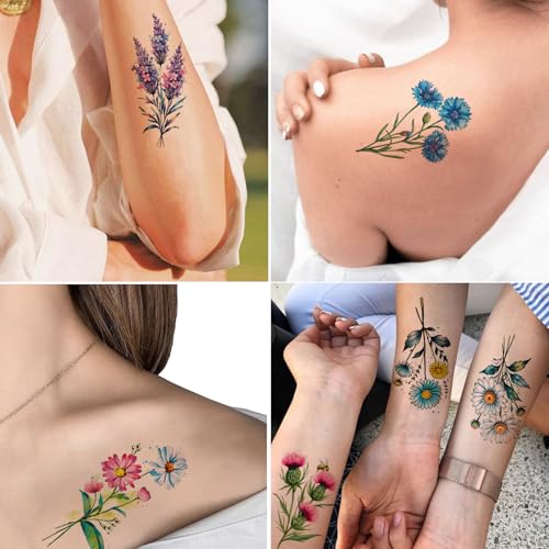 Tazimi 20 Sheets 3D Watercolor Floral Temporary Tattoos for Women