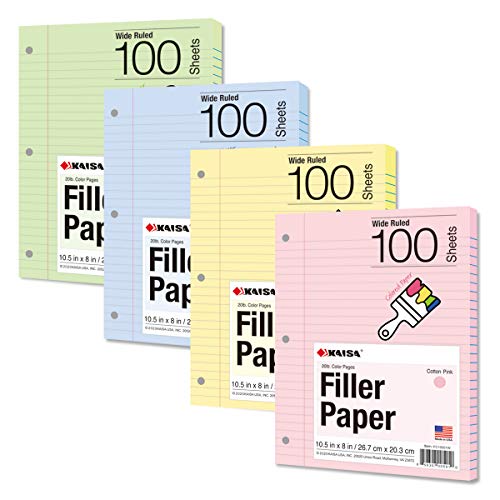 Kaisa Filler Paper Colored loose Leaf Paper, Wide Ruled 8x10.5in Colored Paper, 3-Hole Punched for 3-Ring Binders,100Sheets/pack 4Packs, FC10001W