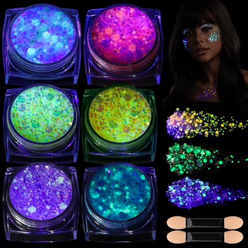 Teenitor Glow in The Dark Glitter Gel – 6 Colors UV Black Light