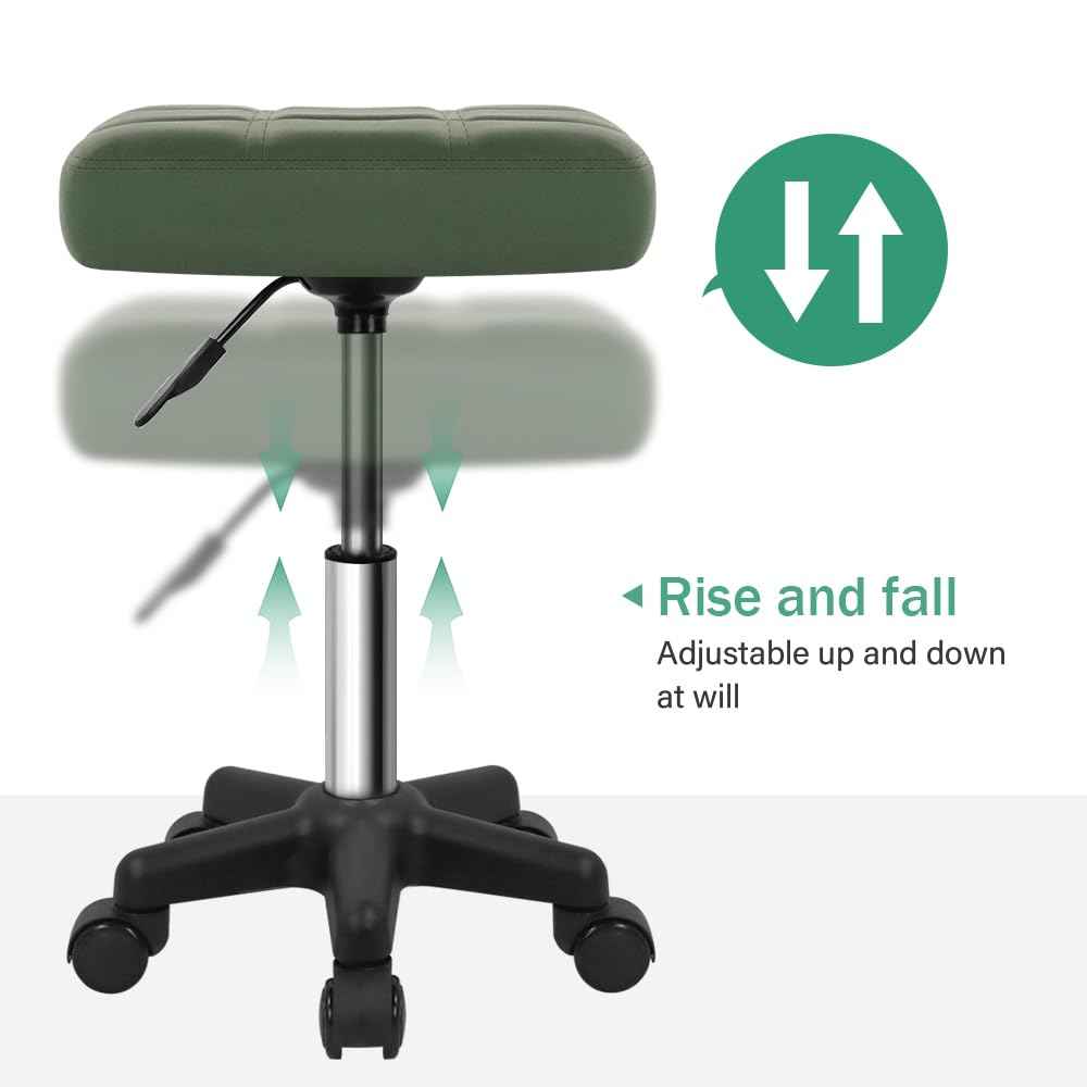 FURWOO Square Swivel Stool with Wheels PU Leather Rolling Stool Height Adjustable for Spa Salon Massage Green