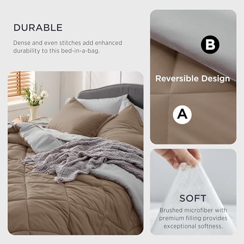 Bedsure Brown Twin Comforter Set - 5 Pieces Reversible Twin Bed in a Bag, Extra Long Twin Bed Set Brown and Grey with Comforters, Sheets, Pillowcase & Sham