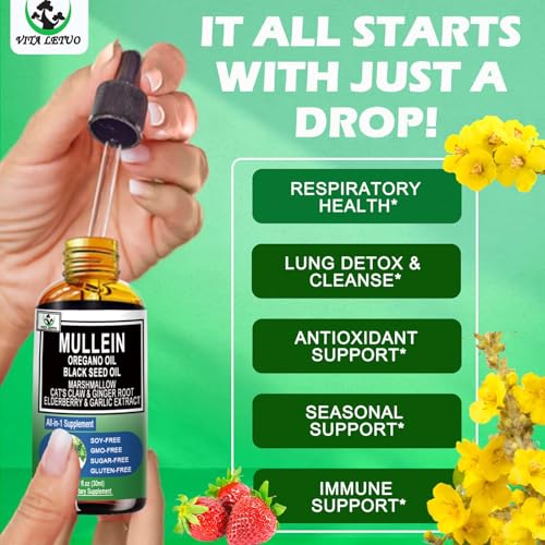 Organic Mullein Drops with Oregano & Black Seed Oil - 16-in-1 Respiratory Support