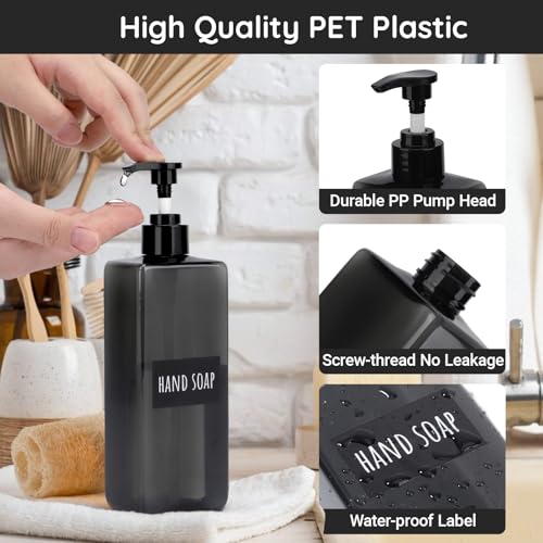 Segbeauty 16.9oz Refillable Bottles, 8pcs 500ml Shampoo and Conditioner Set with Labels, Gray Empty Shampoo Body Soap Conditioner Pump Bottle Dispenser Plastic Bathroom Press Lotion Dispenser
