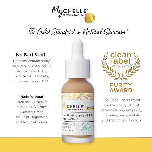 MyChelle Dermaceuticals, Sun Shield Liquid SPF 30 Medium/Dark (1 Fl Oz) - Tinted Sunscreen for All Skin With Oil-Absorbing Bentonite Clay - Use as Sheer Foundation or Makeup Primer for Matte Finish