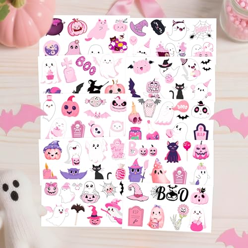 Halloween Temporary Tattoos for Kids - Pink Halloween Party Decorations, Trick or Treat Basket Stuffers, Boo Day Party Favors for Girls