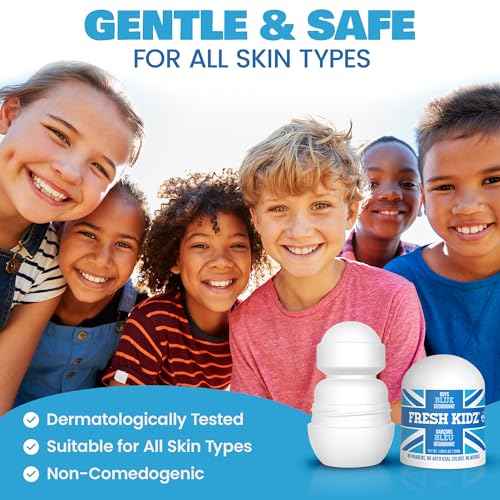 Fresh Kidz Roll On Deodorant for Kids and Teens - Baking Soda and Aluminum-free 24 Hour Protection for Sensitive Skin - Boys "Blue" 1.86 fl.oz. (2 Pack)